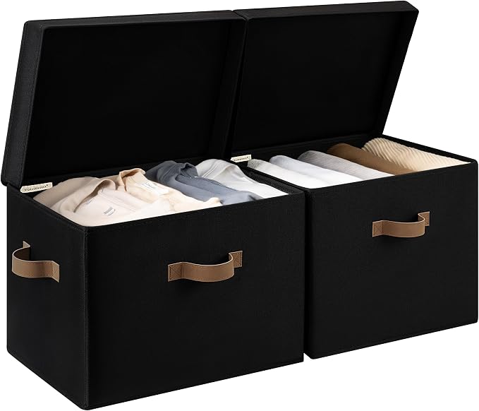 StorageWorks Fabric Storage Bins with Lids, Closet Storage Bins | Flip-Top Lid, 3 Handles, Collapsible, Stackable, for Clothes Blankets, Multi-Purpose, Jumbo, Black, 2-Pack