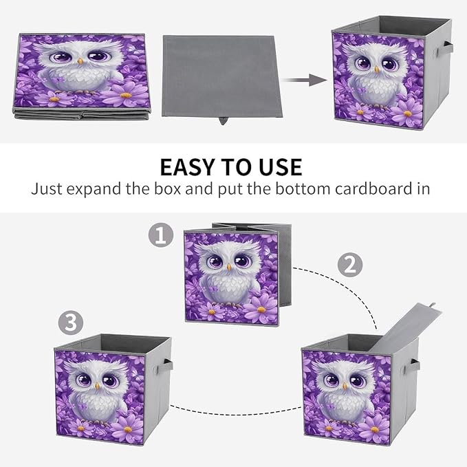 Owl & Floral Foldable Storage Bins, 10.6" Cube Storage Organizer, Sturdy Oxford Cloth Fabric Baskets for Closet, Shelf, Nursery, Bedroom, Decorative Printed Box for Toys & Clothes