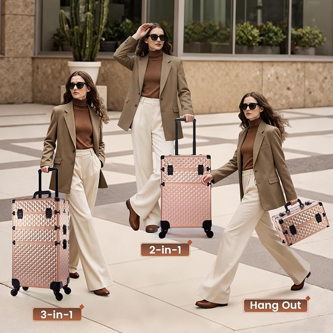 Rolling Makeup Train Case 3 in 1 Professional Cosmetic Trolley Large Storage with keys Swivel Wheels Salon Barber Case Traveling Cart Trunk for Make Up Nail Tech - Vintage Rose Gold | Cosmetic Trolley Large Storage with Keys 360° Swivel Salon Barber Ca...