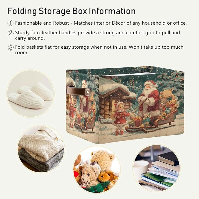 White Christmas Santa Claus Pattern Rectangular Storage Bin Basket with Handles - Organizer Bin for Clothes Books Laundry Basket for Pets Playroom