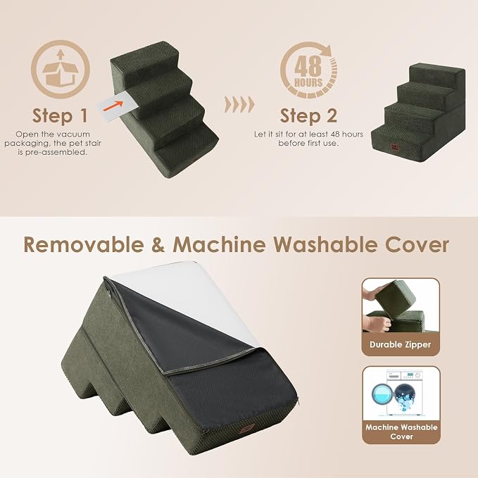EHEYCIGA Dog Stairs for Bed 18" H, 4-Step Extra Wide Dog Steps for High Bed, Pet Steps for Small Dogs and Cats, Non-Slip Balanced Pet Ramp Indoor, Military Green