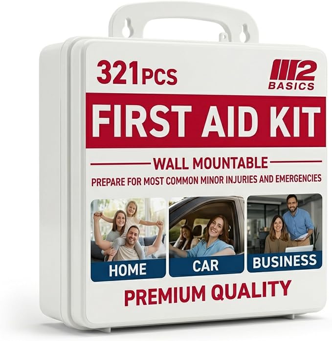 M2 BASICS 321 Piece Premium First Aid Kit, w/Hard Case for Home, Business | Office, Workplace, Warehouse, Vehicle, Jobsite, Garage, Family, Classroom, School, Kitchen, RV And Emergency Readiness