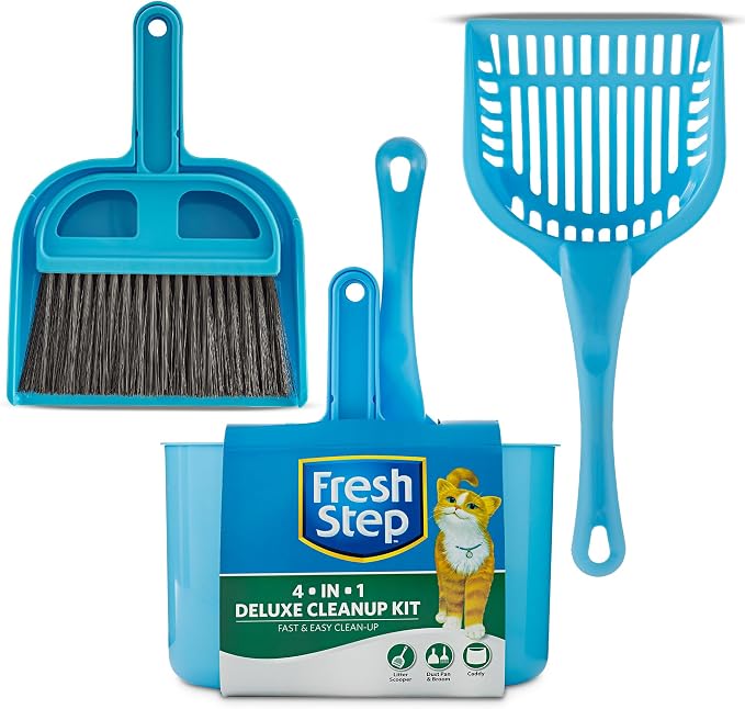 Fresh Step 4-in-1 Deluxe Cat Litter Cleanup Kit | Includes scoop, broom, dust pan, and hanging caddy, compatible with standard litter boxes, blue, 4-in-1