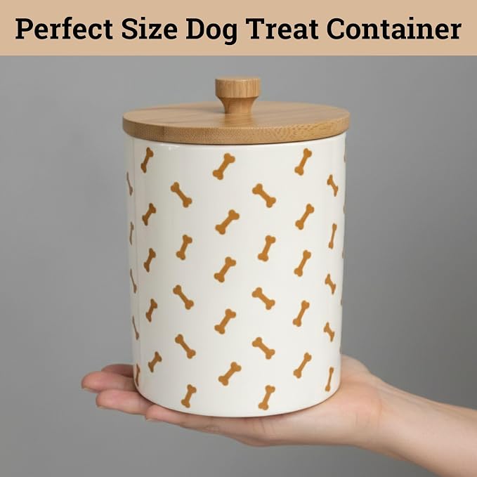 Ceramic Dog Treat Container Airtight with Bamboo Lid, 5"W x 6.4"H, 4 Cups | Sturdy Durable Ceramic, Airtight Bamboo Lid, Food Safe, Fits Most Popular Treats, 4 Cup Capacity, Easy to Wash