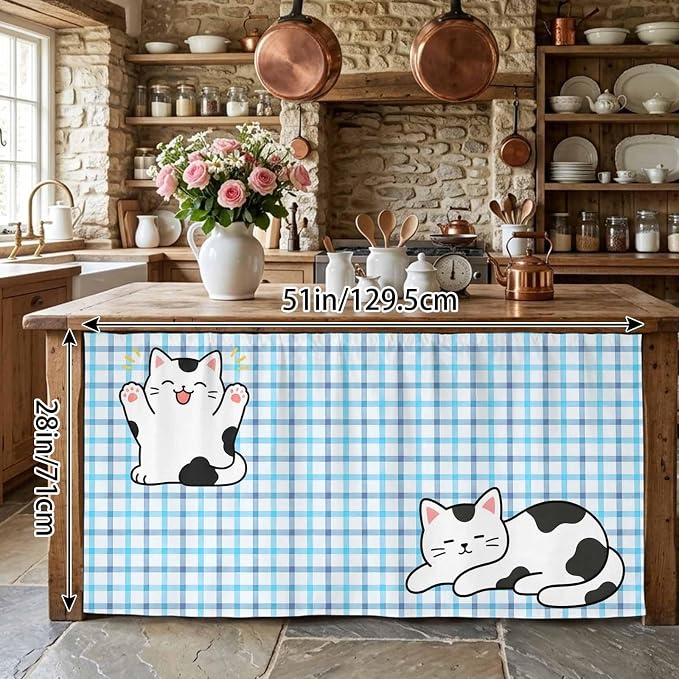 Cute Cat Cabinet Curtains 28"x51" Sink Skirt for Bathroom Kitchen, Blue Purple Checked Modern Pet Cats Rustic Self Stick Adhesive Under Desk Covers Tall Laundry Cabinet Storage Organizer