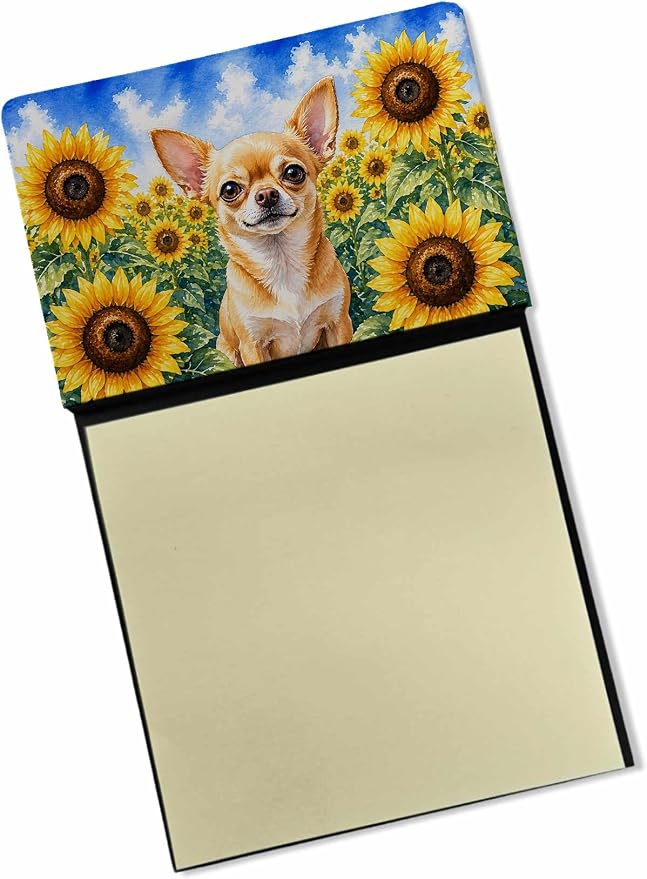 Caroline's Treasures Chihuahua in Sunflowers Watercolor Sticky Note Holder Refillable Dispenser Desk Accessory 3x3 Pad Gift