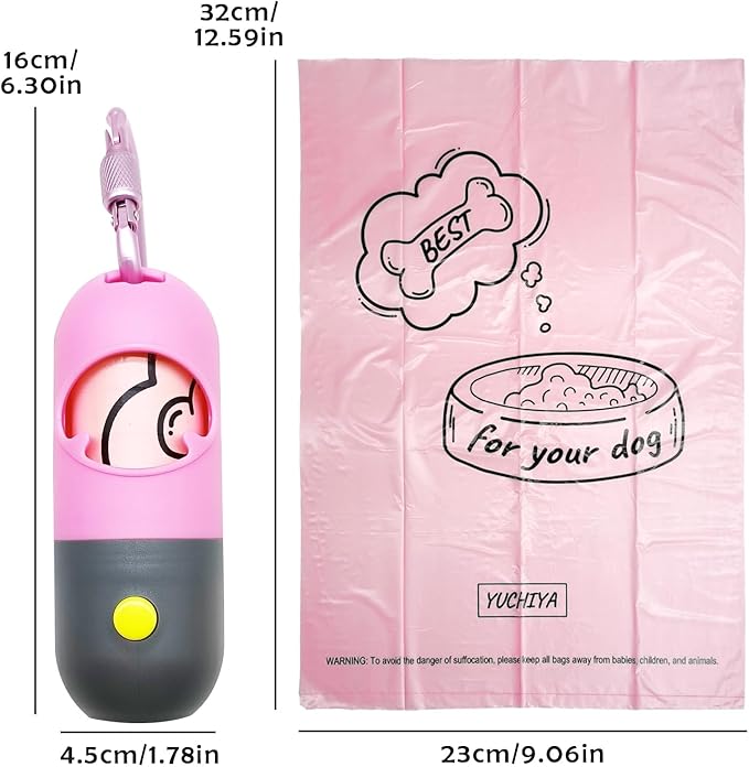 YUCHIYA Dog Poop Bag Holder Dispenser with LED Flashlight(Pink) | 100ft Ultra-Bright LED|Glow-in-the-Dark Avacado Clip|Metal Carabiner&Silicone Tether|15 Leak-Proof Scented Waste Bags