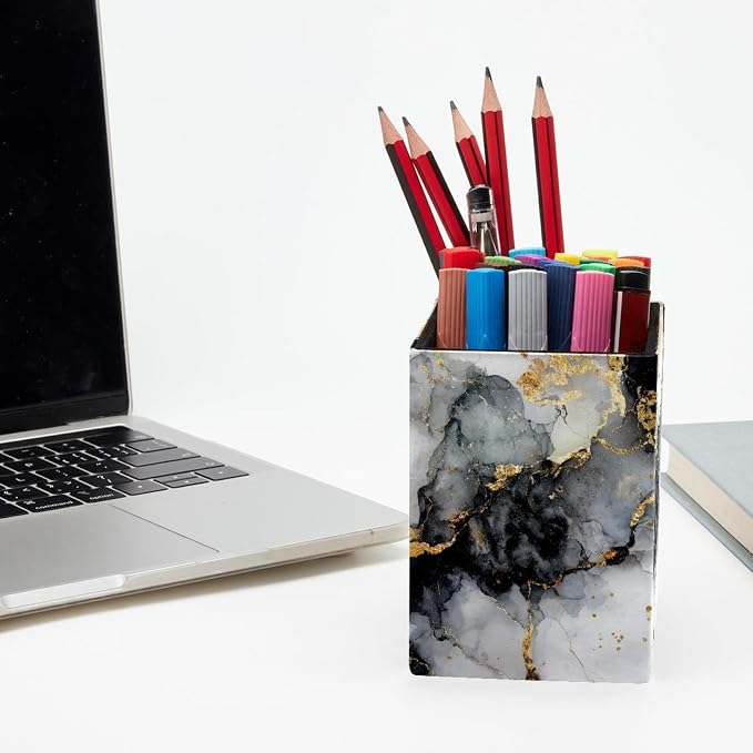 Marble Texture Pen Holder for Desk Decor, Rectangular PVC Leather Pencil Cup for Desk Pen Organizer, Makeup Brush Holder for School, Home, Office