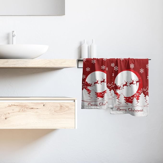 Giwawa Merry Christmas Hand Towel 28.3x14.4in Set of 2 Red Cute Santa Elk Snowflake Christmas Style Ornament Gift Soft Super Absorbent Hand Towels Multipurpose Bathroom, Hotel, Gym and Spa