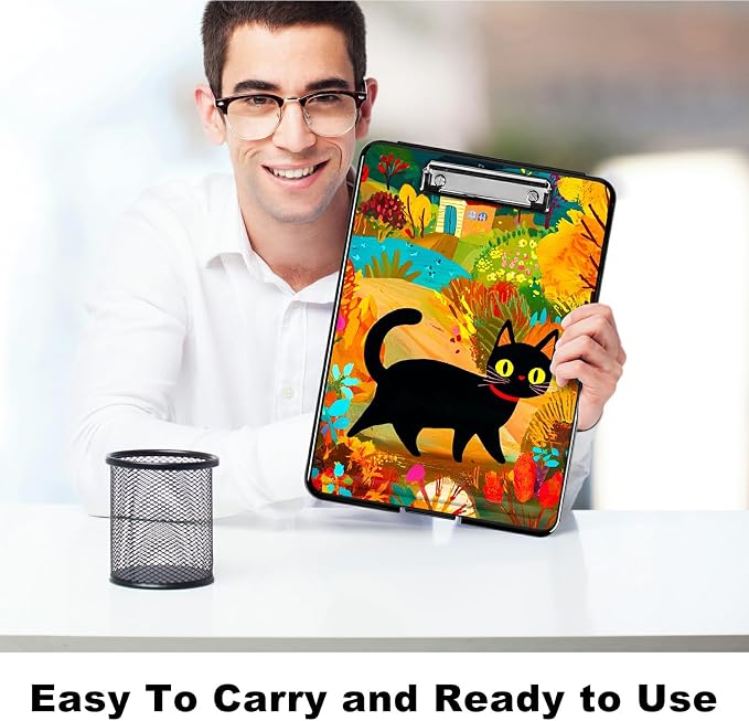 Black Cat in Autumn A4 Clipboard with Storage Pen Holder, Clipboards Organizer Nursing Clipboard Foldable File Folder Plastic Clipboard Folio Clip Board for Office Students Classroom Doctor