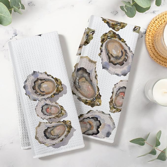 2PCS Vintage Oyster Kitchen Towels 14x24 Inch, Absorbent Microfiber Decorative Dish Cloth Tea Towel, Oyster Waffle Hand Towels for Farmhouse Kitchen Home Bathroom, Housewarming Gifts for Women Frend