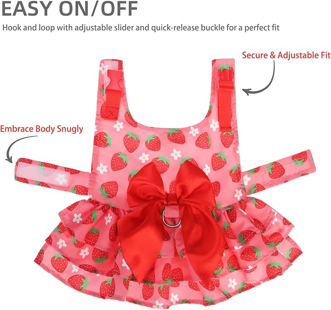 PUPTECK Summer Dog Dress with Bow and Leash Ring, Pink Strawberry S | Cute Adorable Breathable Mesh Dog Clothes for Small Medium Dogs Puppy Cats, Princess Girl Outfit Apparel for Birthday Party