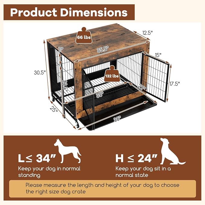 PETSITE Portable Dog Crate Furniture, 38 Inch Wooden Dog Kennel Side Table with Flip-up Top, 3 Lockable Doors and Removable Tray, Ideal for Small to Medium Dogs (Rustic Brown)