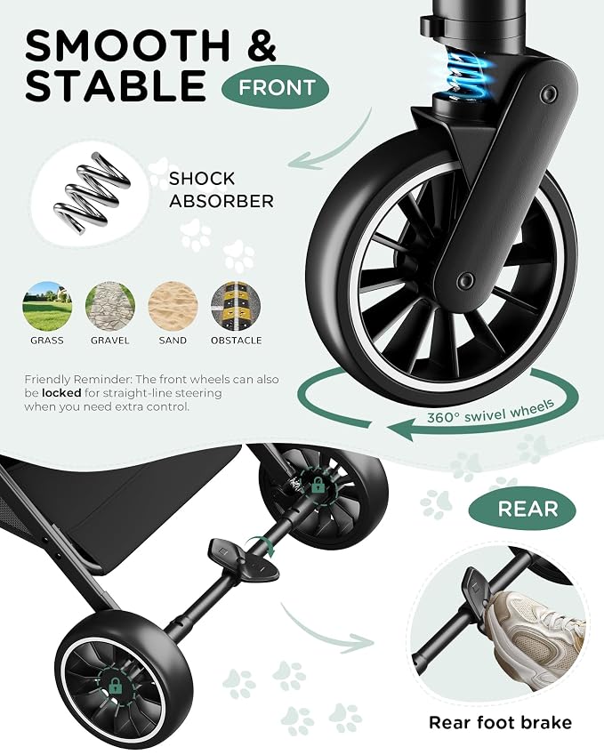 GTPLAYER Pet Stroller for Dogs & Cats, 3-in-1 Foldable Pet Strollers with Detachable Carrier, 360° Swivel Front Wheels & Rear Brakes, Up to 45 lbs, Green