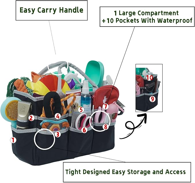 Pet Grooming Bag, Dog Grooming Organizer Tote with 10 Pockets, Dog Storage Organizer with Sturdy Handle for Grooming Supplies, Toys, Treats, Leash (Bag ONLY) (Black)