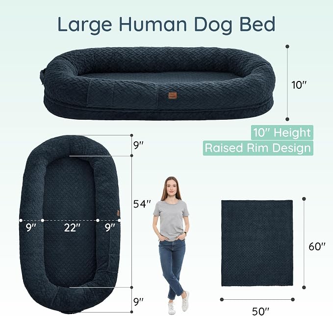ChiXnuggle Orthopedic Human Dog Bed,with Faux Fur Washable Cover,Blanket | navy,72*40*10,giant dog bed for adult or extra large dogs,egg crate foam,non-slip bottom