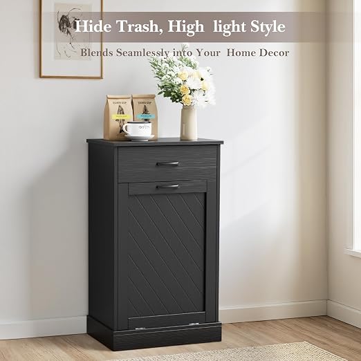 njnj 13 Gallons Tilt Out Trash Cabinet, Kitchen Hidden Trash Bin Cabinet Wood Garbage Recycling Cabinet with Hideaway Drawer, Pet Proof Freestanding Trash Bin for Kitchen Living Room Black