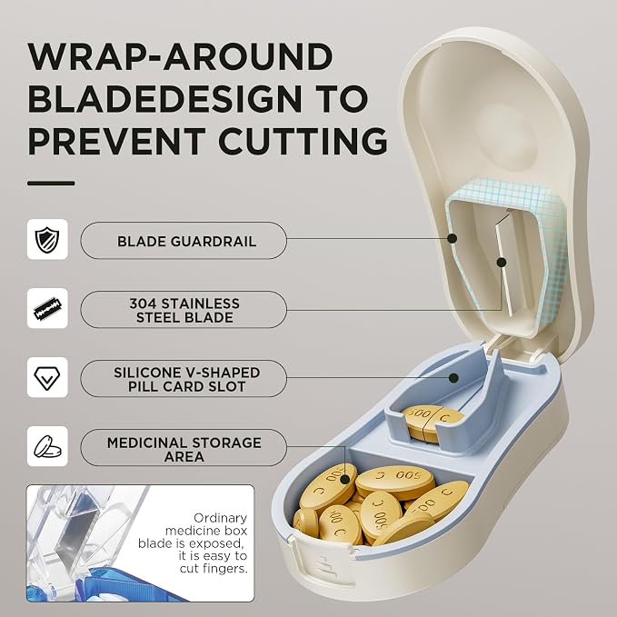 Pill Cutter for Small and Tiny Pills - Pill Splitter with Detachable Silicone Pad - Easy Open Snap Button. Wrap-Around Blade Guard Prevents Cuts. Back Storage (White)