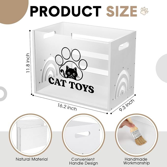 Beeveer Large Cat Toy Basket Cat Toy Box Wooden Storage Bin with Acrylic Board Storage Box for Puppy Toys Pet Food and Accessories Organizer Holder Basket for Living Room Area(White, Cat)