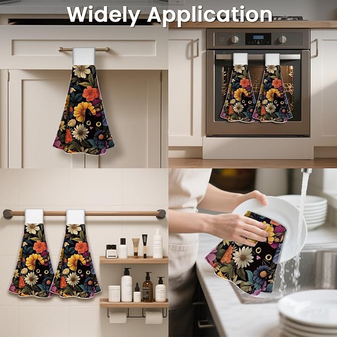 CUTHOLLOW Black Cat and Colorful Flower Hanging Kitchen Towels with Loop, Set of 2-Soft & Super Absorbent Microfiber Decorative Hanging & Hand Towel, Tea Coffee Towel for Kitchen Bathroom Oven Handle