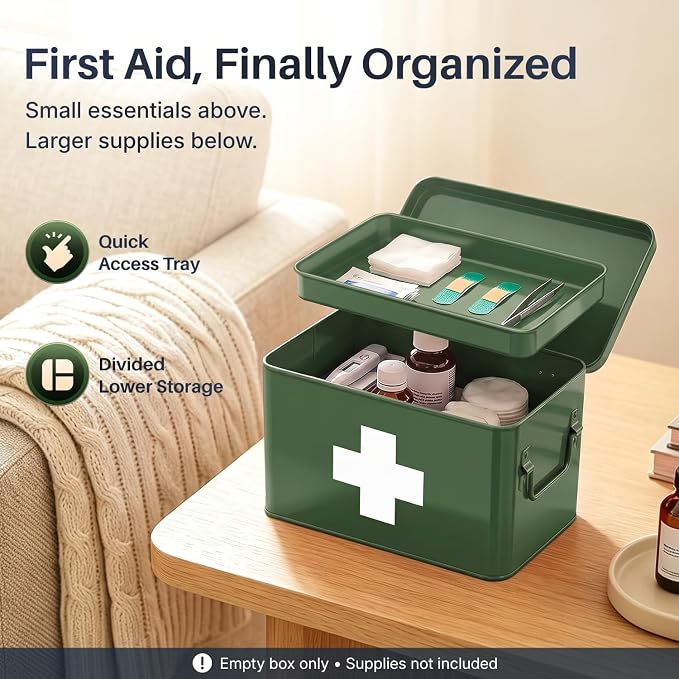 Flexzion Large Metal First Aid Box Empty, 8.5-Inch, Green with White Cross | Vintage Medicine Box and First Aid Storage Organizer with Removable Tray and Dividers; Empty Box Only, Supplies Not Included