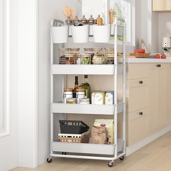 4-Tier Plastic Rolling Storage Cart Utility Cart White | Utility Cart with Extra Hanging Cups Arc-Shaped Handles Lockable Wheels for Living Room Bathroom Kitchen Office