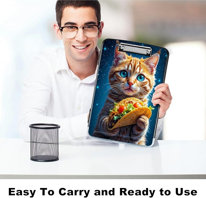 A4 Clipboard with Storage Pen Holder, Clipboards Organizer Nursing Clipboard Foldable File Folder Plastic Clipboard Folio Clip Board for Office Work Classroom Doctor, Hamburg Orange Cat