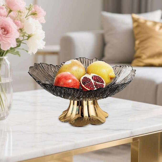 Pedestal Fruit Bowl, Snack Storage Holder, Fruit Tray, Dessert Display Stand, Decorative for Living Room Kitchen Home, E with Gold Base, Black