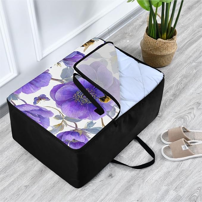 Comforter Storage Bags Large Folding Blanket Organizer Bag with Strong Handles Clear Window Closet Storage Containers for Clothes King Queen Pillows Bedding Quilt Duvet Purple Anemone Bees