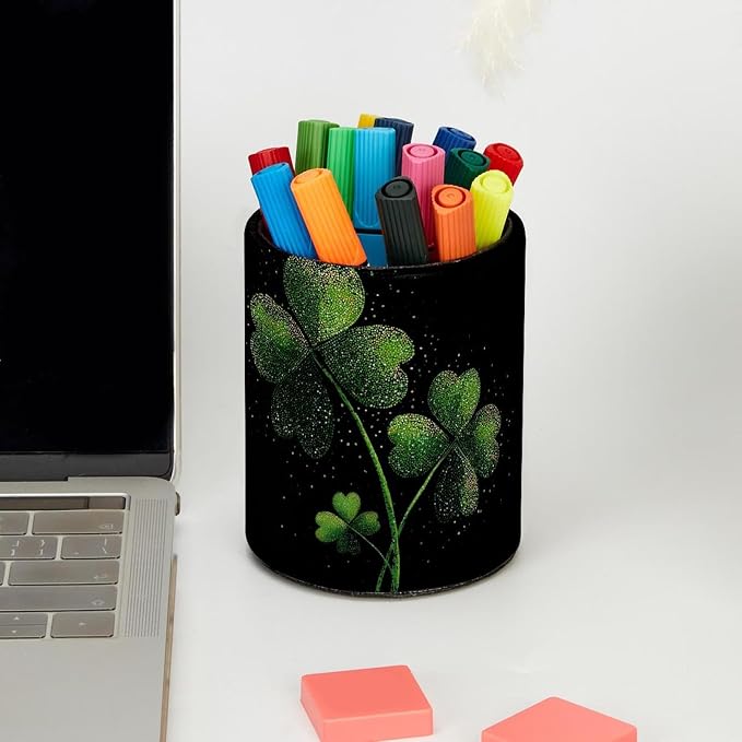 Faux Leather Pen Holder for Desk, Pencil Organizer Shamrock Pen Cup Desk Decor Makeup Brush Holder Storage for Office Home