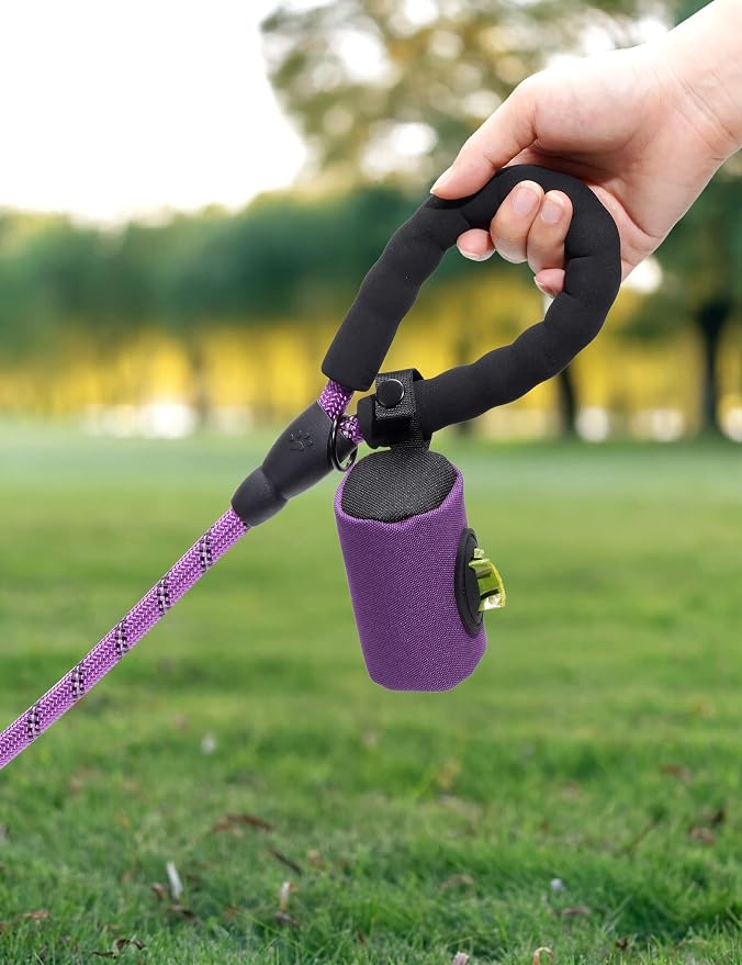 Gobeigo 2-in-1 Dog Poop Bag Holder【Easy Pull-Out Version】(Purple) | Hard Plastic Insert & Soft Fabric Bag Snap-On Strap Dispenser Fits Retractable and Standard Leashes with 1 Roll Bags