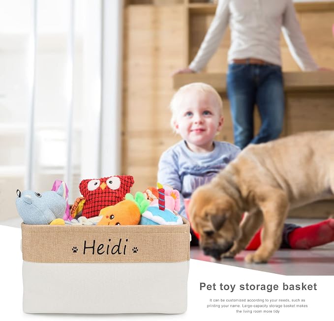 Personalized Dog Toy Box, Dog Toy Basket Storage with Cotton Handle, Customized Name and Paw Heart Print Puppy Toy Bin for Organizing Food Clothes and Pets Accessories(Paw Beige)