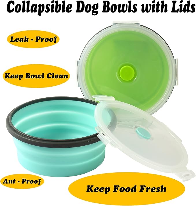 2 Pack Collapsible Silicone Travel Dog Bowls with Lids - Portable Pet Feeders, 17 oz 500ml