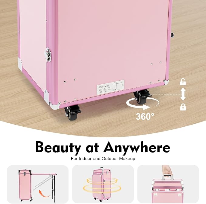 Cosmetic Trolley Storage Organizer, Foldable Nail Tables with 4 Drawers Mirror&Speaker for Hair Stylists Pet Groomers Makeup Artists Technician Workstation Salon (Pink)