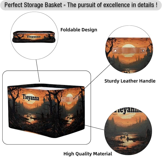 Personalized Kids Toy Box with Name, Happy Halloween Custom Nursery Baskets Cubes Bins, Kids Custom Storage Basket Laundry Baskets Organizer with Handles