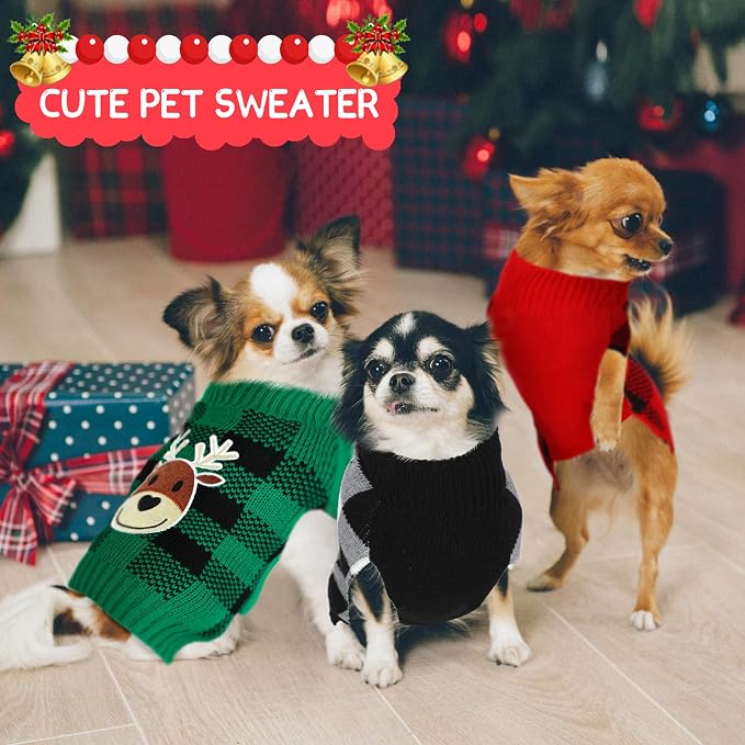 Sanwuta 3 Pack Dog Christmas Sweater Knitted Santa Reindeer Snowman,Medium | Festive Holiday Outfit, Turtleneck Knit Plaid Design, Winter Party Photo Props, Cozy Pet Costume for Small Dogs