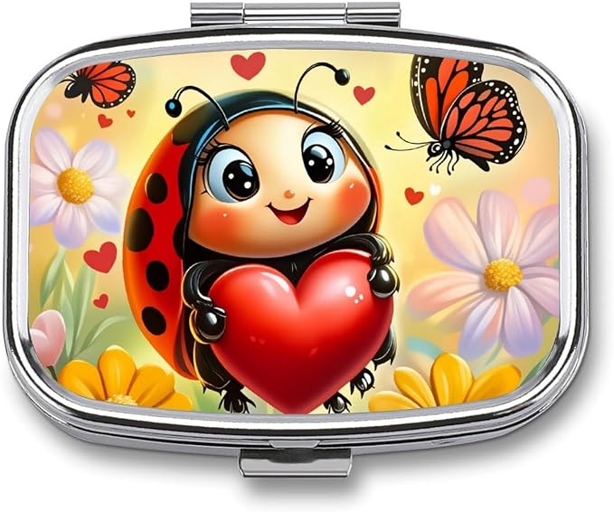 Ladybug Durable Metal Pill Case for Daily Use, 2 Slot Medicine Box Organizer,Leak Proof Travel Pill Container for Vitamins, Compact Pocket Medicine Holder for Seniors,Holiday Gift