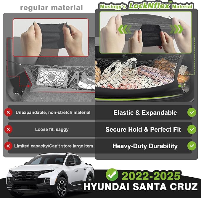 Muslogy Cargo Net for Hyundai Santa Cruz 2022-2026 Accessories | Custom Fit, Truck Bed Storage Organizer Net for Pickup Truck Bed Divider, Heavy Duty Carabiners, Night Visible Grab Handle