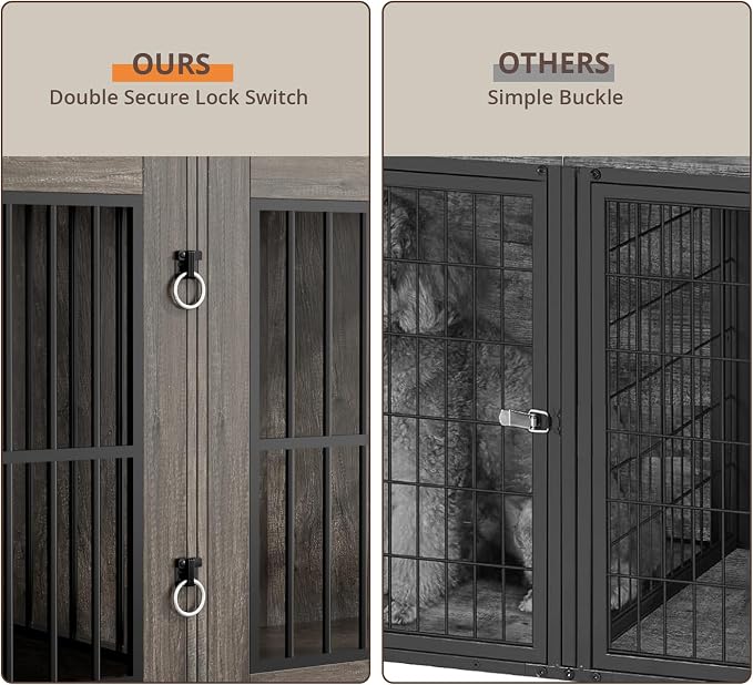 VOWNER 87" Dog Crate Furniture for 2 Dogs, Double Dog Cage Furniture, Grey | Extra Large Wooden Dog Kennel with 4 Drawer, Removable Divider, Furniture-Style TV Stand, XXL Dog Crate for Large Medium Dogs