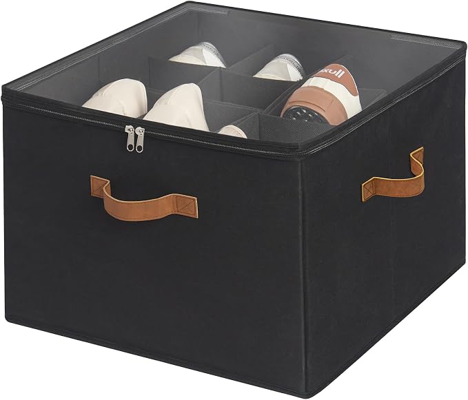 StorageWorks 16-Pair Closet Shoe Organizer with Adjustable Dividers, Black | Holds up to 16 Pairs, Foldable, Clear Lid, Reinforced Handles, Fits Sneakers, Boots & Heels, For Entryway, Bedroom & RV