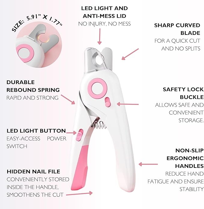 4-in-1 Dog Nail Clippers with Light - Safe Pet Nail Trimmer for Dogs & Cats, All Breeds - Sharp Stainless Steel Blades, Nail Catcher & File for Easy Home Grooming