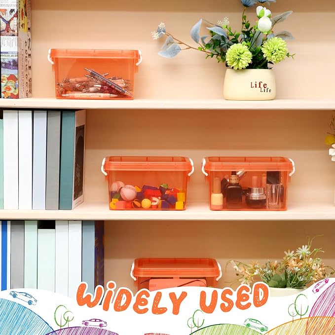 6 Pack Colorful Plastic Storage Bins with Lids 4 Quart Small Storage Latch Box Stackable and Nestable Clear Organizer Bins with Latching Handle and Buckle for Organizing(Orange)