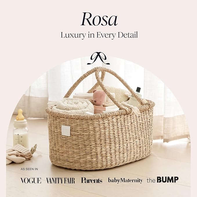 BEBE BASK Premium Baby Diaper Caddy Organizer Basket with Cotton Divider | Handmade & Award-Winner, Seagrass Caddy Basket, Newborn Essentials, Nursery Basket, Removable Divider, Baby Shower (ROSA)