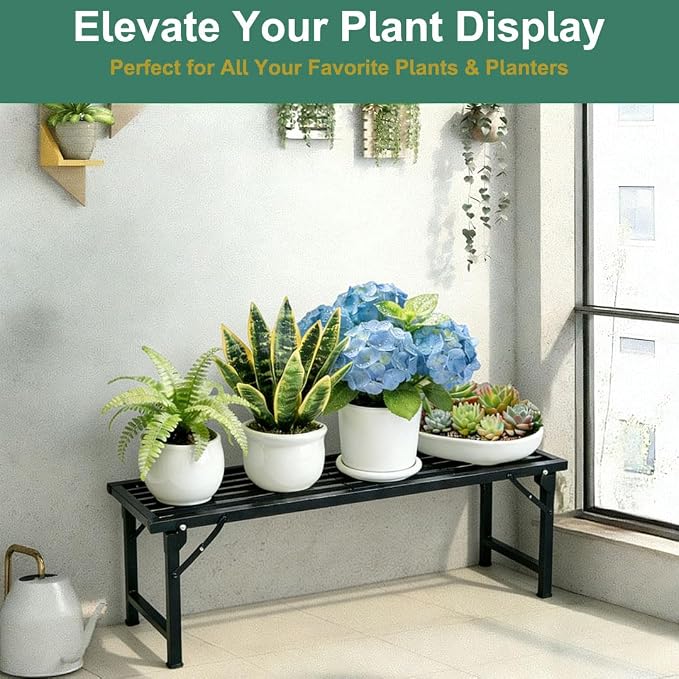 Foldable Plant Stand, No Assembly Heavy Duty Iron Plant Shelf, Rustproof Single Tier Plant Rack for Indoor Outdoor, Long Narrow Flower Stand for Patio Balcony Garden Living Room, L33" xH11.7"x W9.7"