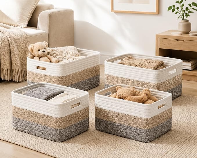 4 sets of hand-woven cotton rope storage boxes, suitable for toys, books, clothes, bathrooms, and car trunks used for organizing and decoration, Two 16x14x7 in and two 14x10x7 in