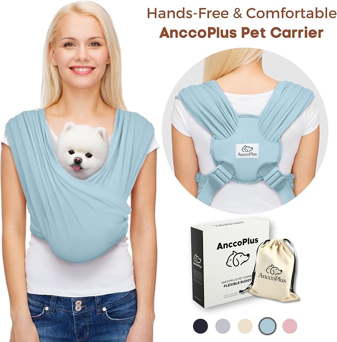AnccoPlus Small Dog Sling Carrier, Hands-Free, Baby Blue, Plus | Patented Front Carrier Reduces Back and Neck Strain; Adjustable, Soft Cotton, 3D Air Mesh for Puppies & Cats up to 20 lb