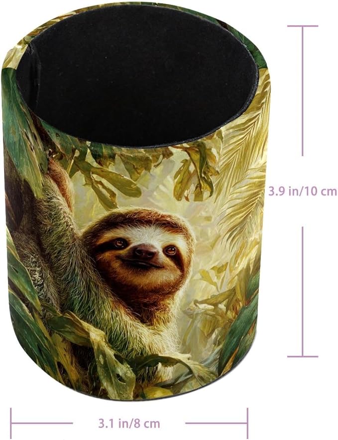 Faux Leather Pen Holder for Desk, Pencil Organizer Cute Sloth Pen Cup Desk Decor Makeup Brush Holder Storage for Office Home