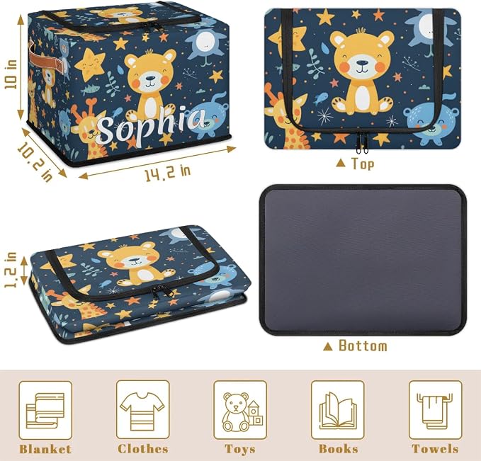 Custom Cute Animals Storage-Bin With Zipper Lid for Kids-Girls-Boys-Baby-Pet,Personalized Name Foldable Storage Box with Handle,Baby Basket With Label for Bedroom Nursery Toy Clothes,Blue