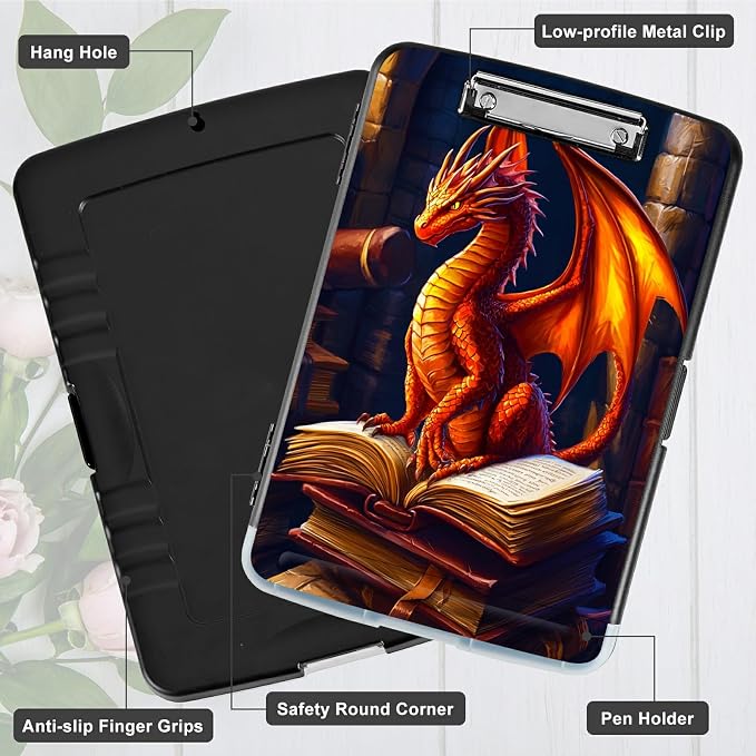 Book Dragon A4 Clipboard with Storage Pen Holder, Clipboards Organizer Nursing Clipboard Foldable File Folder Plastic Clipboard Folio Clip Board for Office Students Classroom Doctor