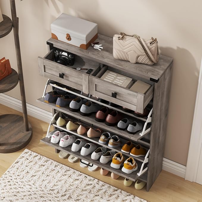 Halitaa Shoe Cabinet with 2 Flip Drawers & 2 Drawers,Farmhouse Shoe Storage Cabinet for Entryway,Slim Freestanding Narrow Organizer Rack for Front Door Entrance,Grey